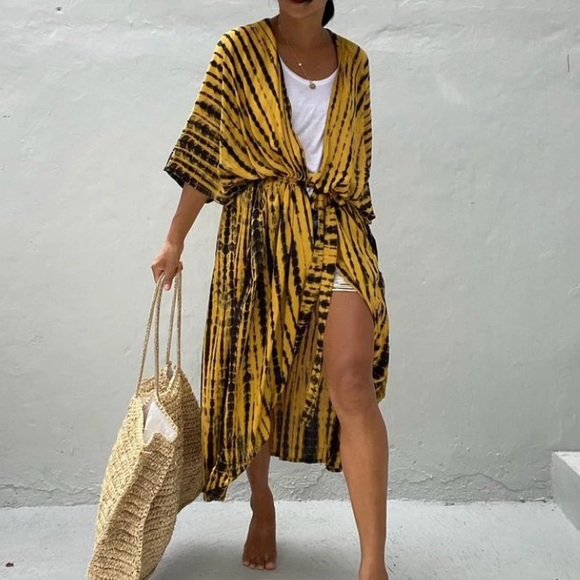 Mustard Yellow Tie Dye Boho Swim Coverup Kimono Robe - Picture 6 of 6